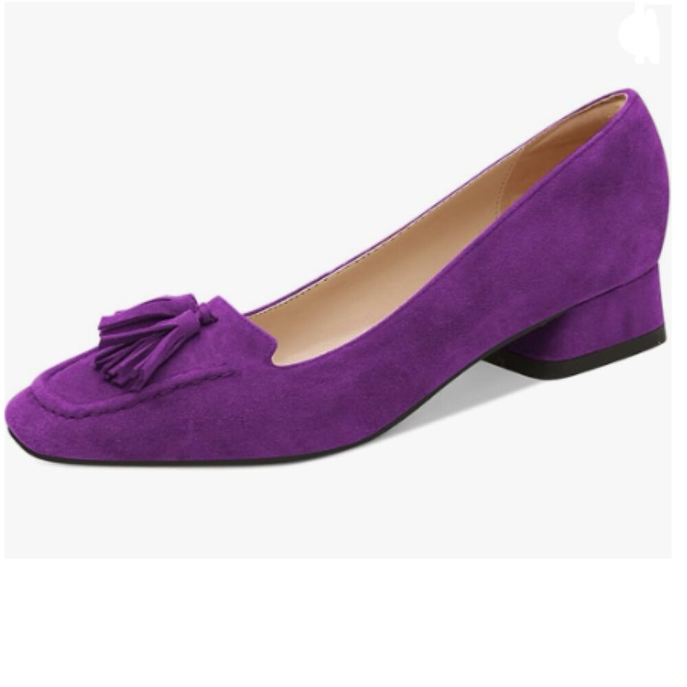YDN Purple Block Low Heel Loafer Square Toe Tassel Fringe Pump Slip On Shoes